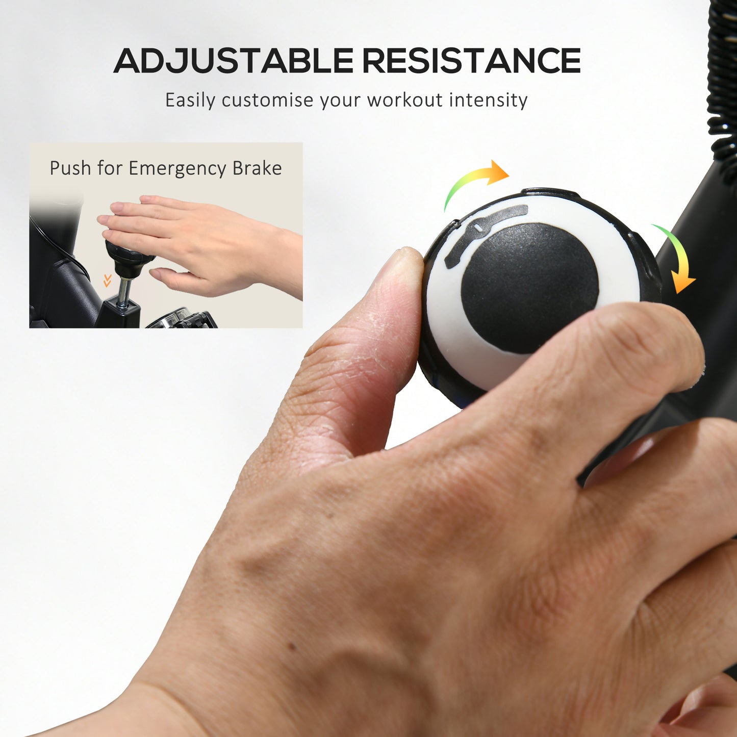 Hand holding a resistance ball with text on adjustable resistance and emergency brake.