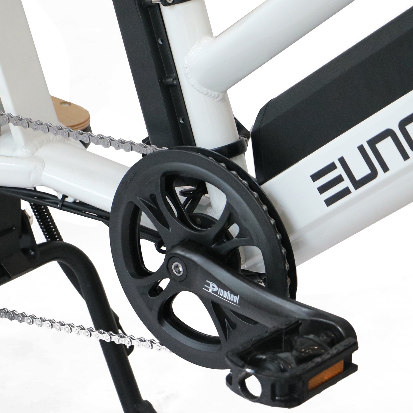Close-up of a bicycle chain and gear system with 'Eunorau' branding on a white background.