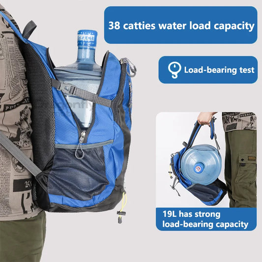 Blue and black backpack with water bottle, highlighting load capacity and load-bearing test.