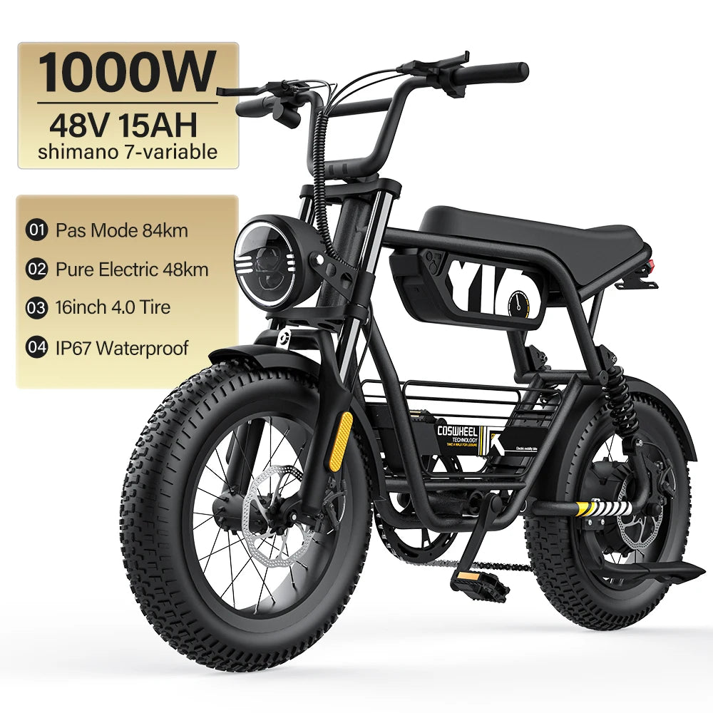 COSWHEEL Y16 1000W Electric Bike - 16" Fat Tire Dual Suspension E-Bike