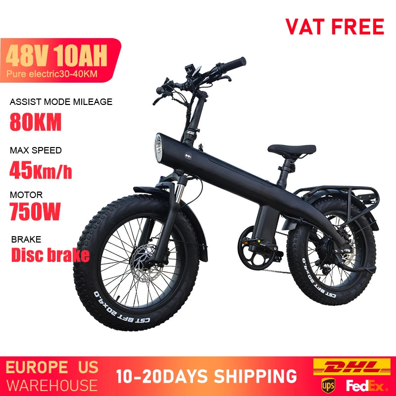 Black electric bike with specifications on a white background