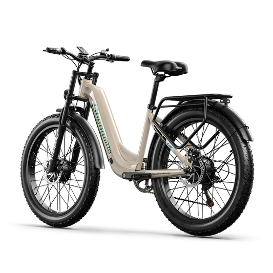 Electric bike with a beige frame and black components on a white background