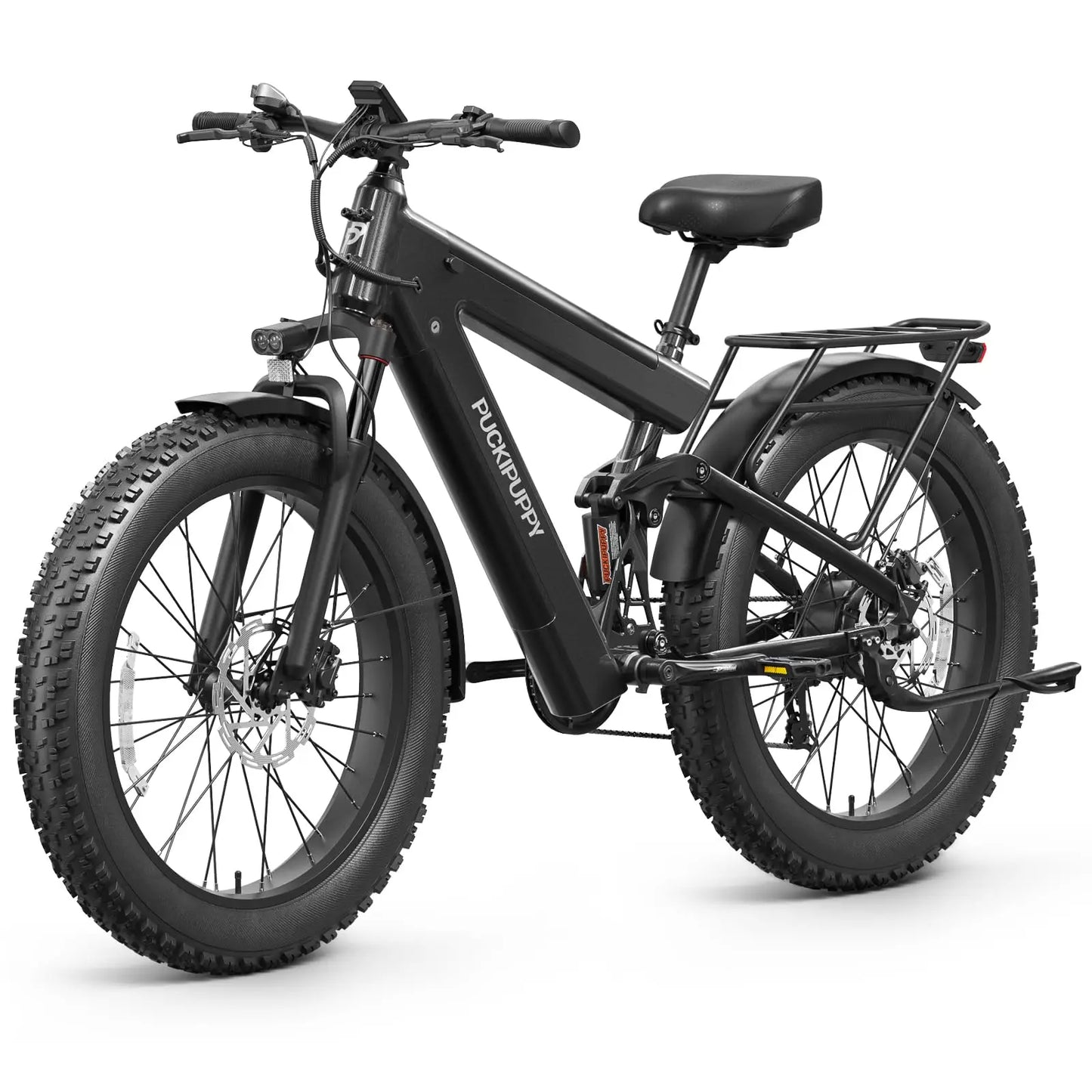Black electric bike with thick tires on a white background
