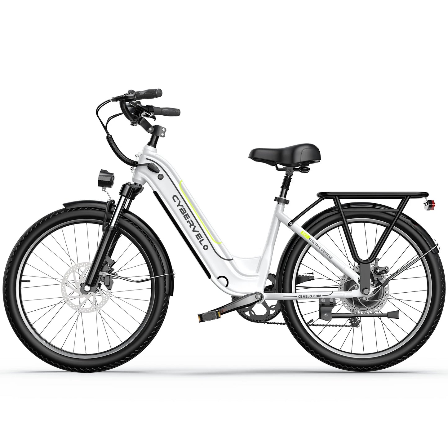 White electric bicycle with black tires on a white background