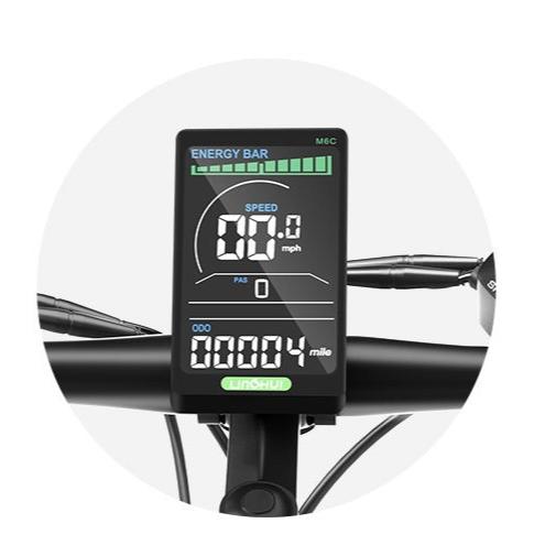 LCD display screen on Sivrock V1 Electric Mountain Bike showing speed, battery level, and distance traveled