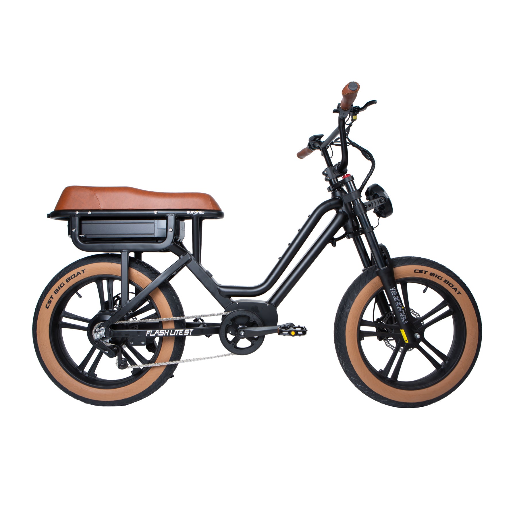 Black electric bike with brown seat and tires on a white background