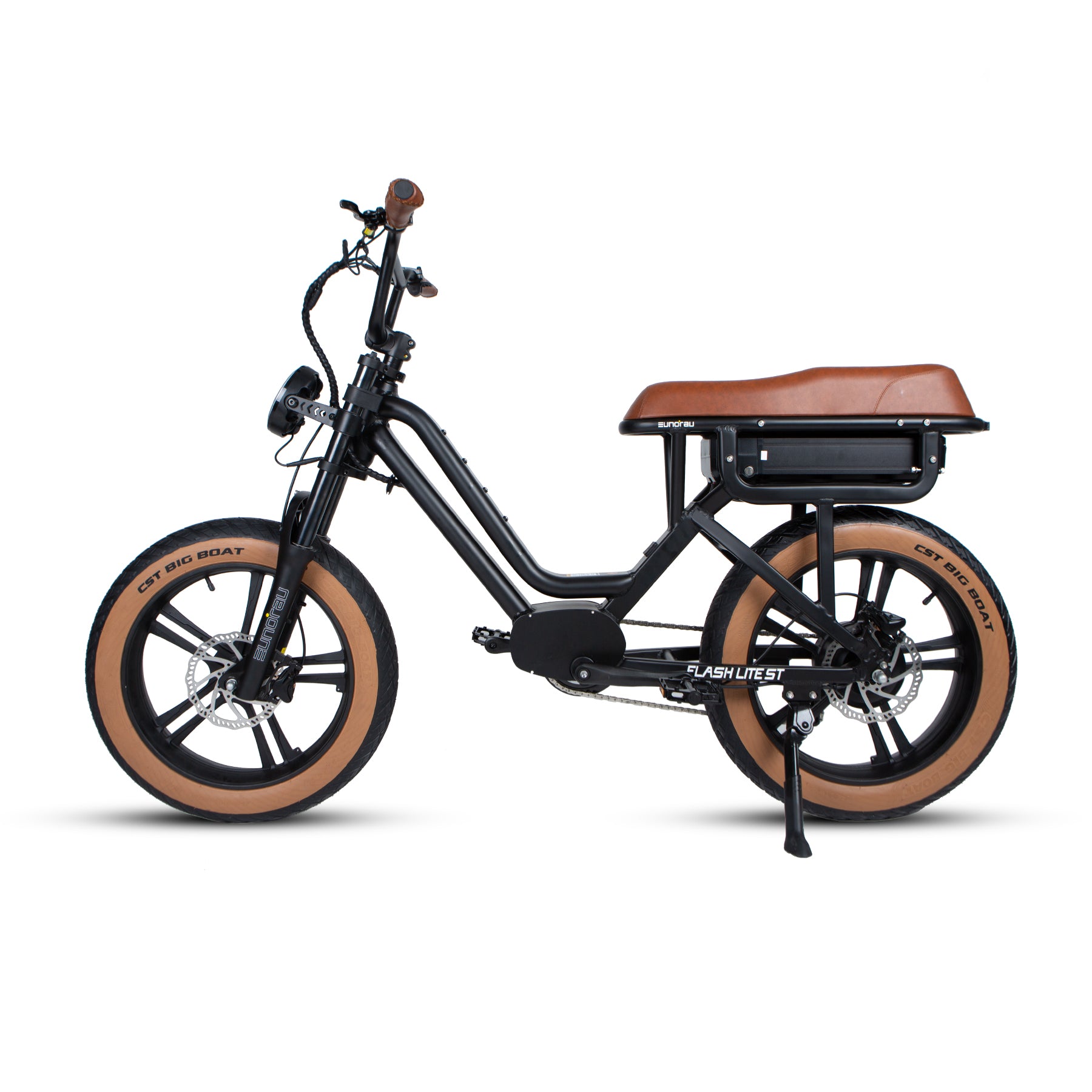 Black electric bike with brown seat and tires on a white background