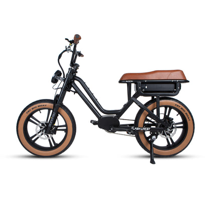 Black electric bike with brown seat and tires on a white background