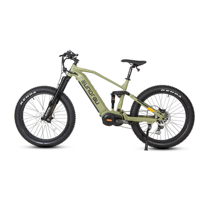 Green electric bike with black frame and tires on a white background