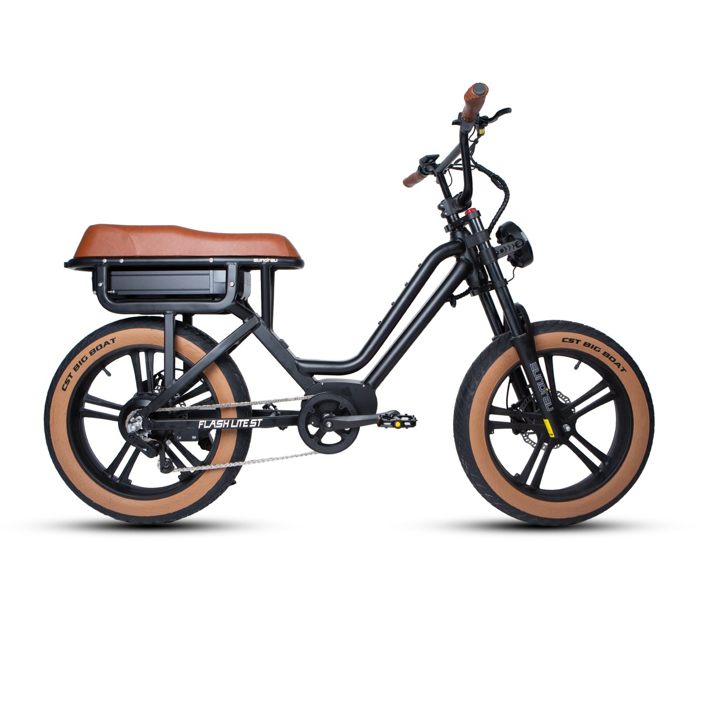 Black electric bike with brown seat and tires on a white background