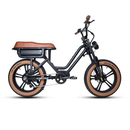 Black electric bike with brown seat and tires on a white background