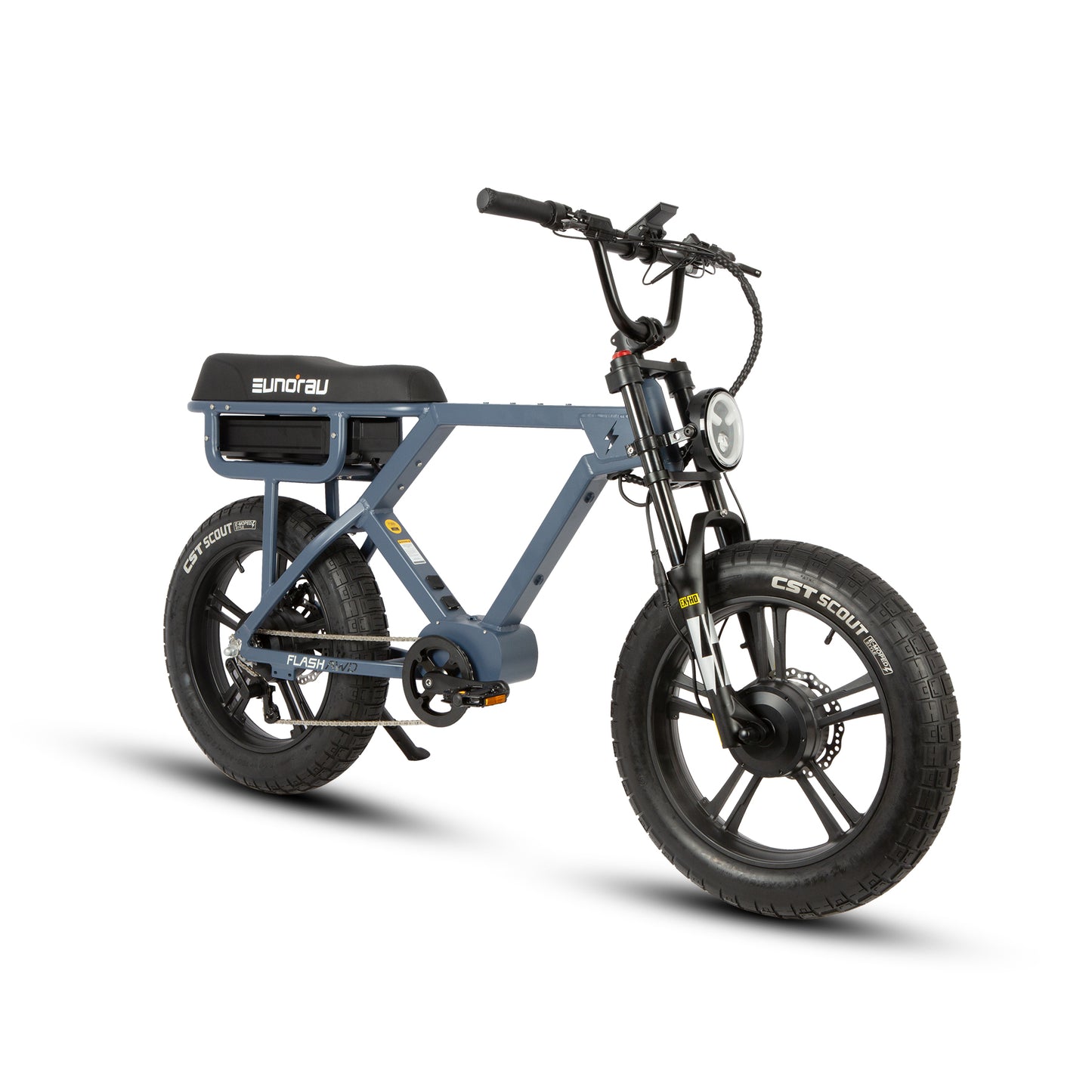 Blue electric bike with black seat on a white background