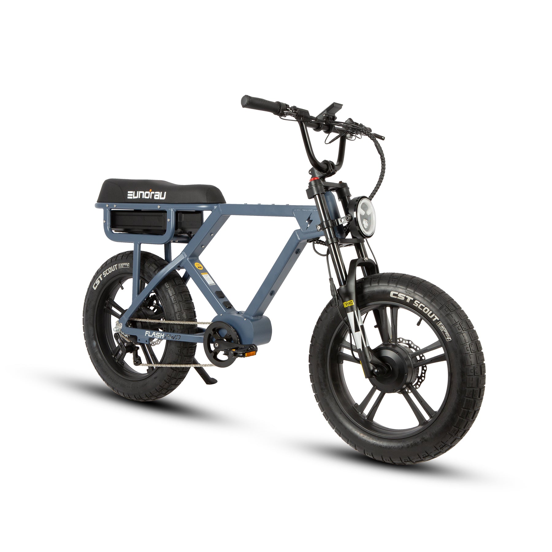 Blue electric bike with black seat on a white background