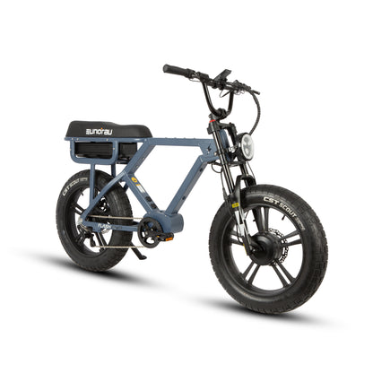 Blue electric bike with black seat on a white background