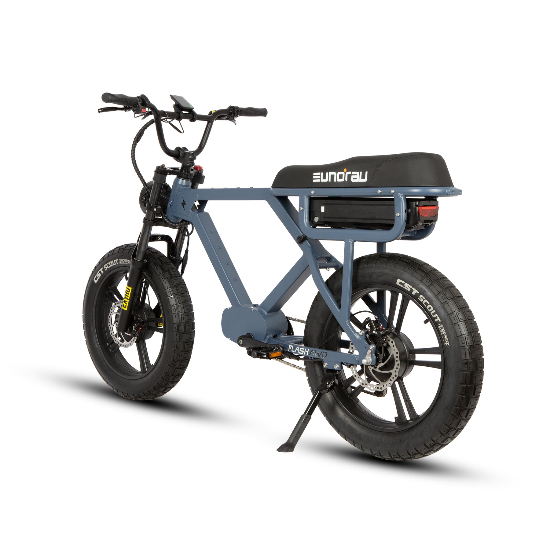 Blue electric bike with black seat on a white background