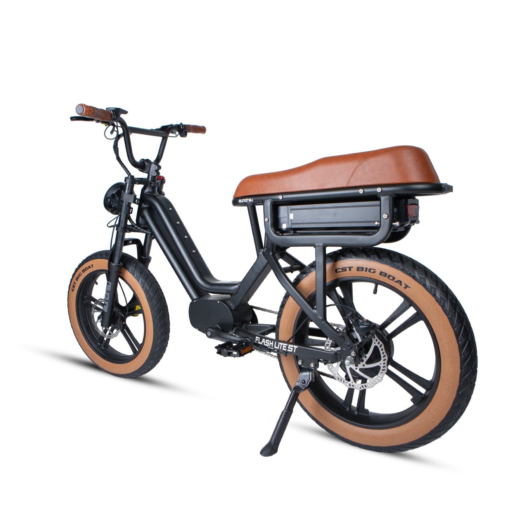 Black electric bike with brown seat and tires on a white background