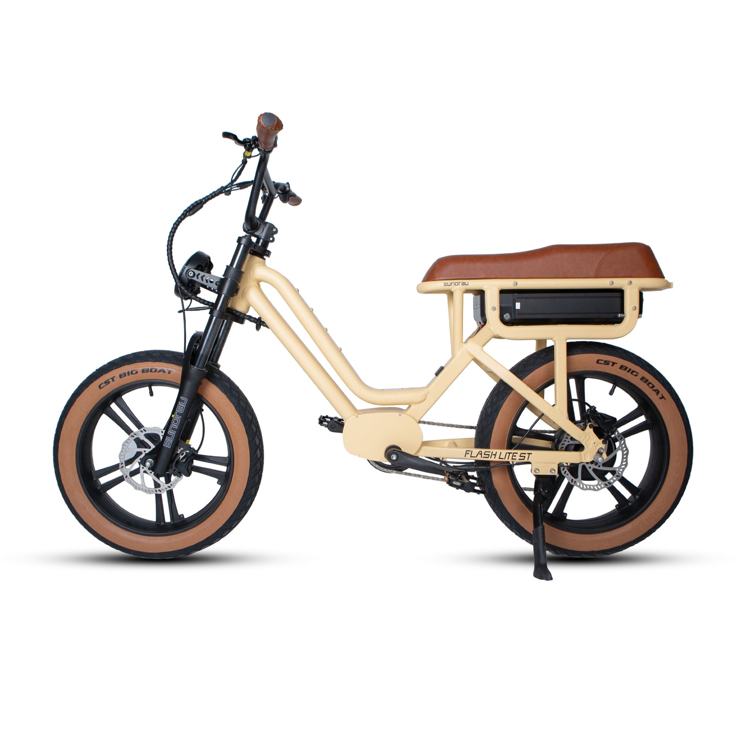 Ivory electric bike with a brown seat on a white background