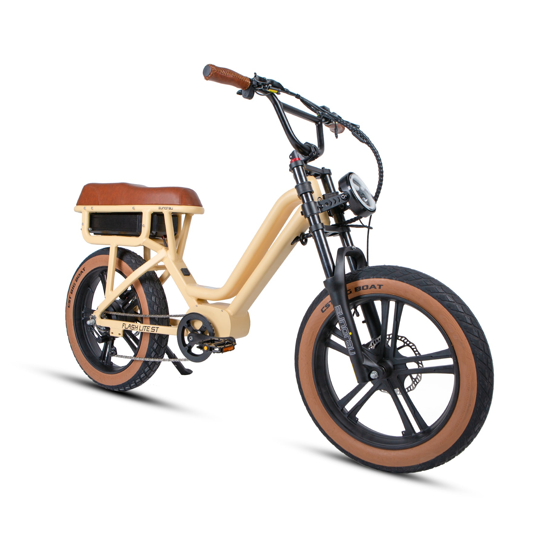Ivory electric bike with brown accents on a white background