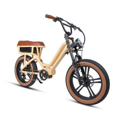 Ivory electric bike with brown accents on a white background