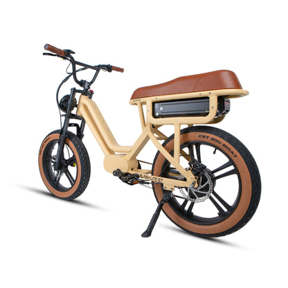 ivory electric bike with brown seat and tires on a white background