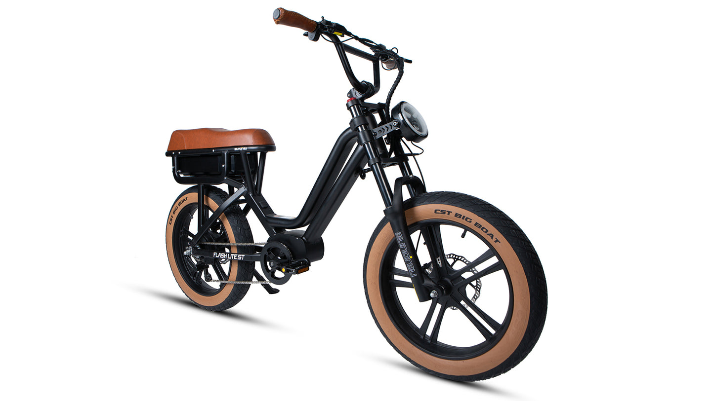 Electric bike with brown seat and tires on a white background