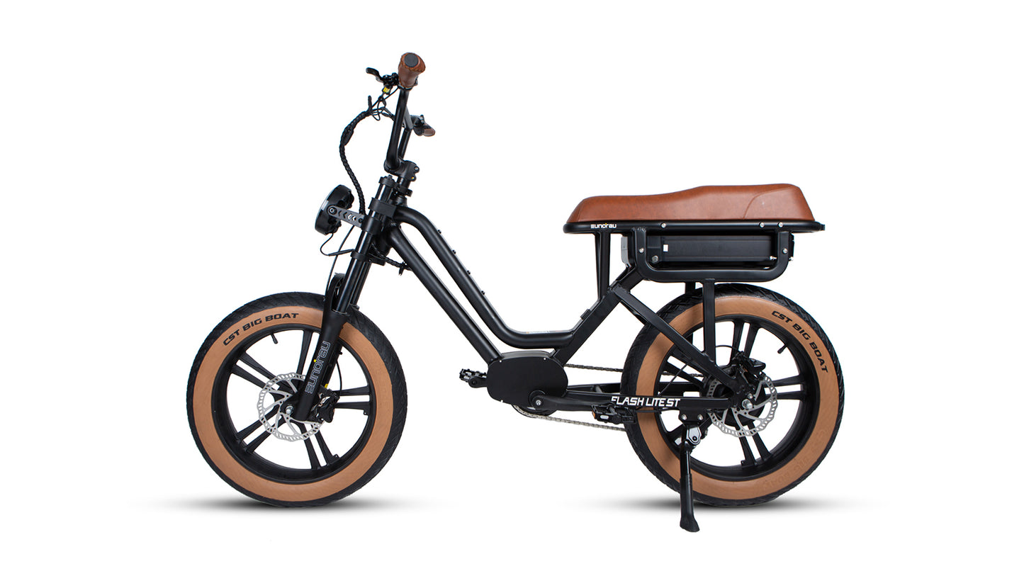 Black electric bike with brown seat and tires on a white background