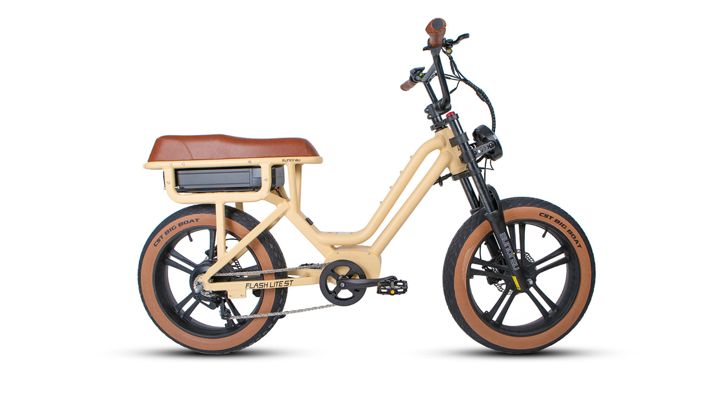 Beige electric bike with a wooden seat on a white background