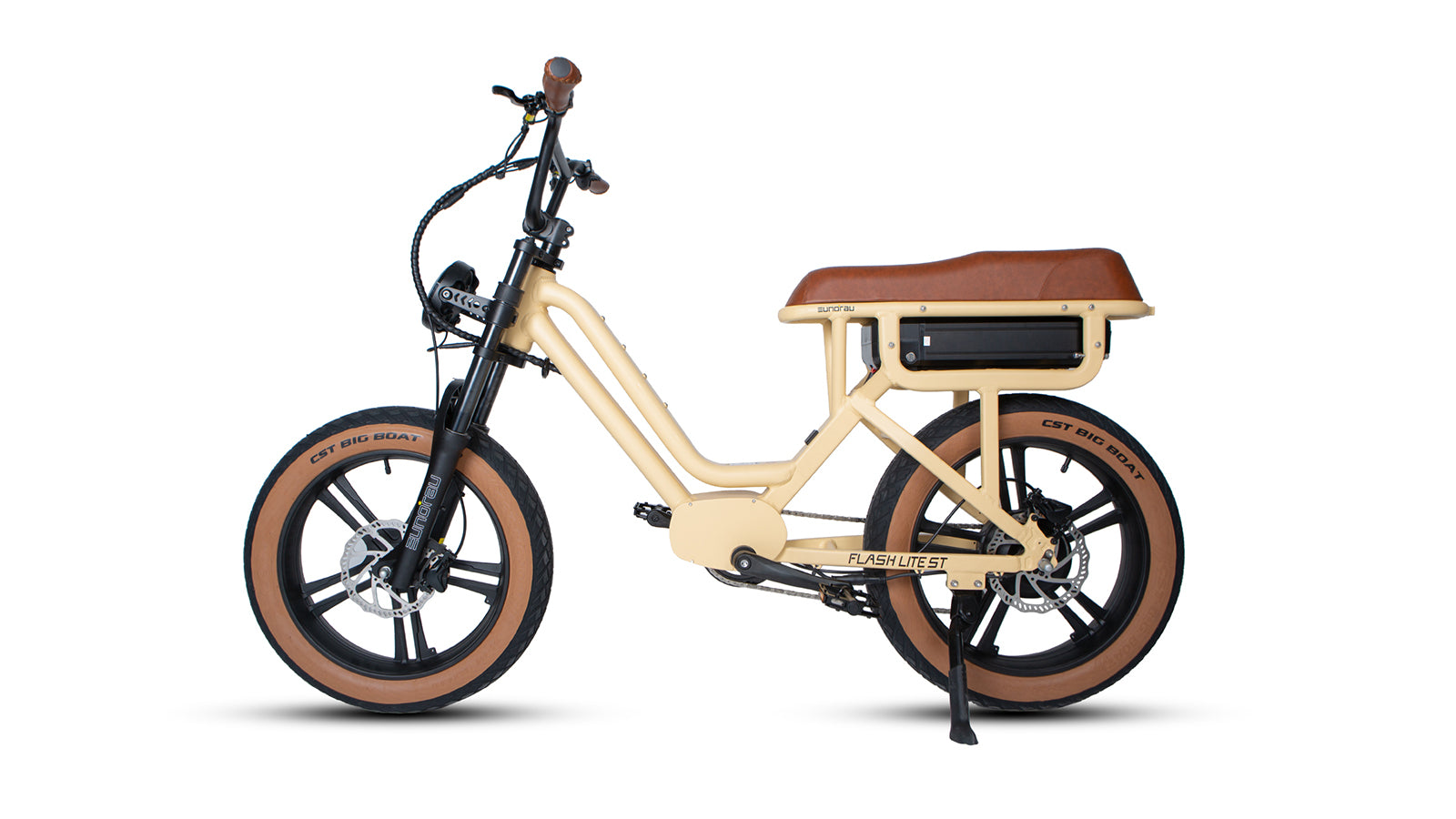 Beige electric bike with brown accents on a white background