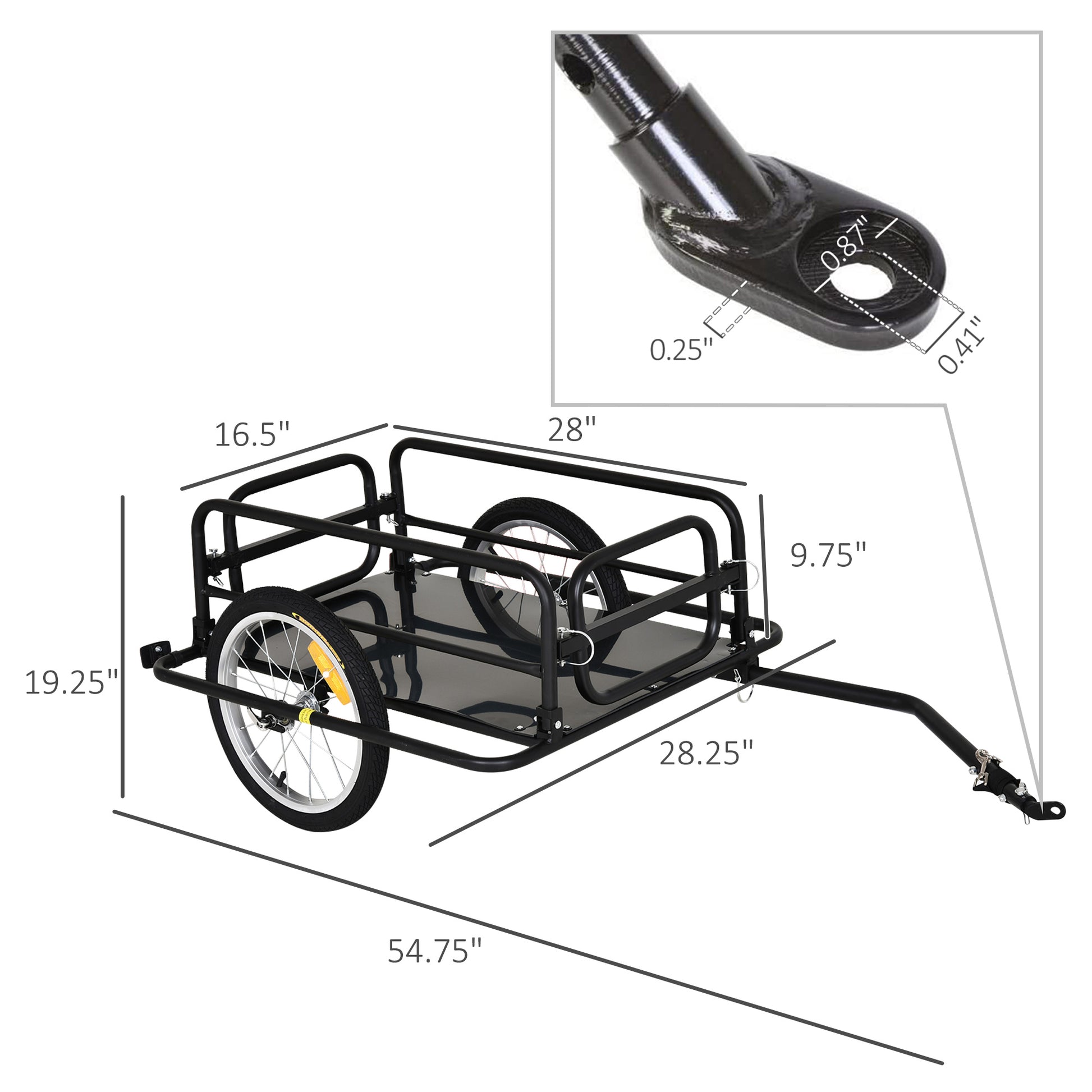Dimensions of a bike trailer with close-up details on a white background