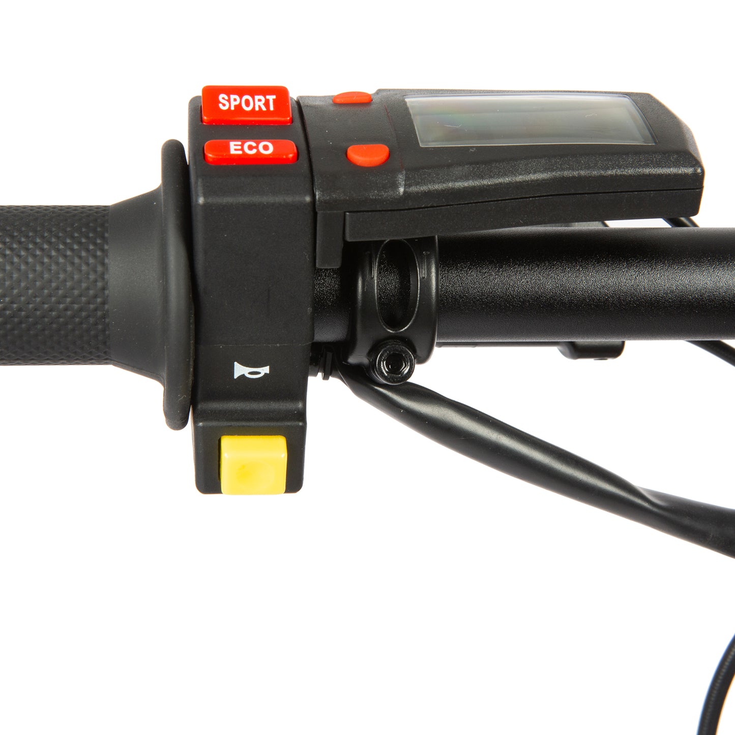 Close-up of motorcycle handlebar controls with digital display and buttons on a white background