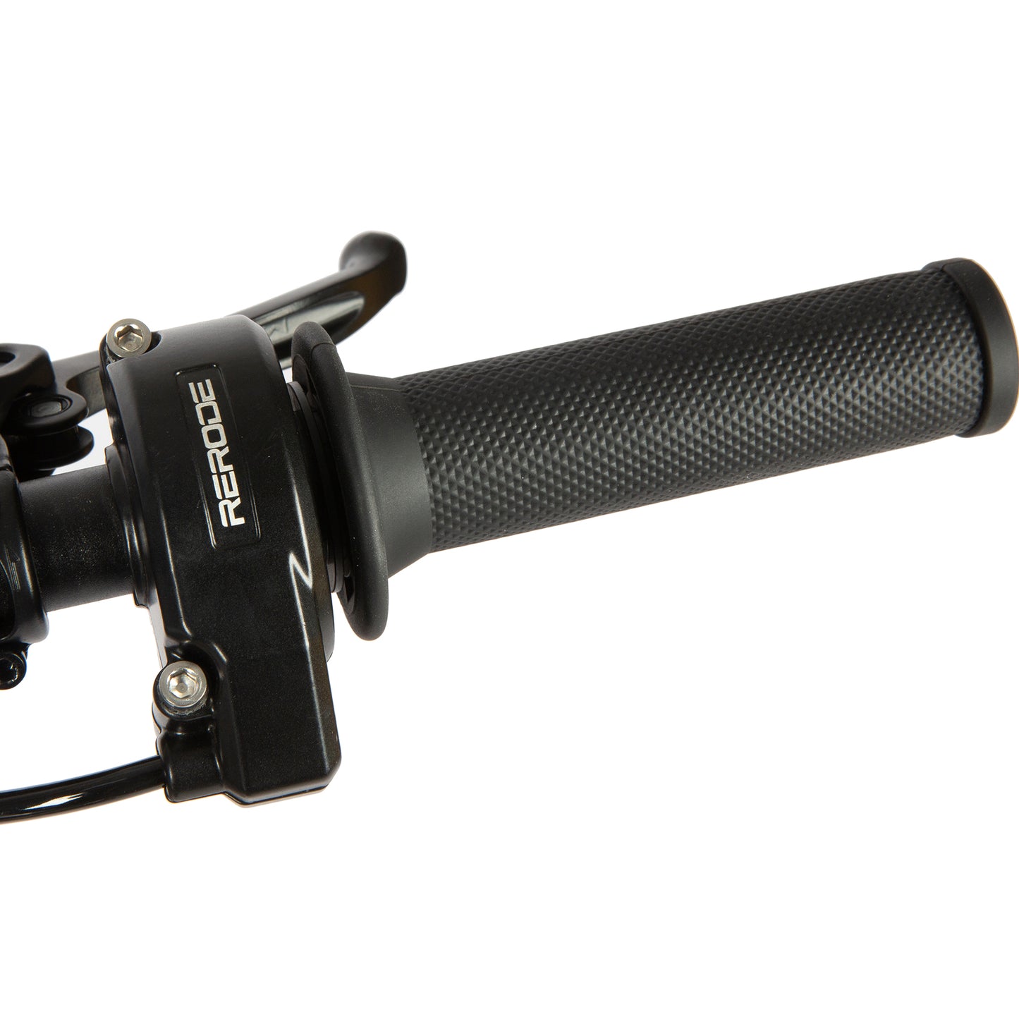 Close-up of a black bicycle handlebar grip with a brand logo on a white background