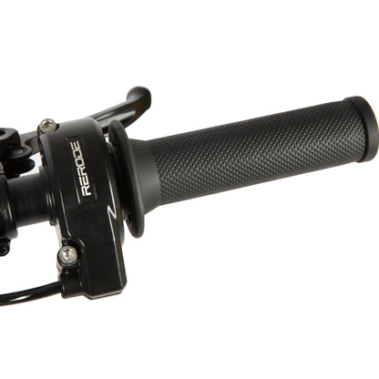 Close-up of a black bicycle handlebar grip with a brand logo on a white background
