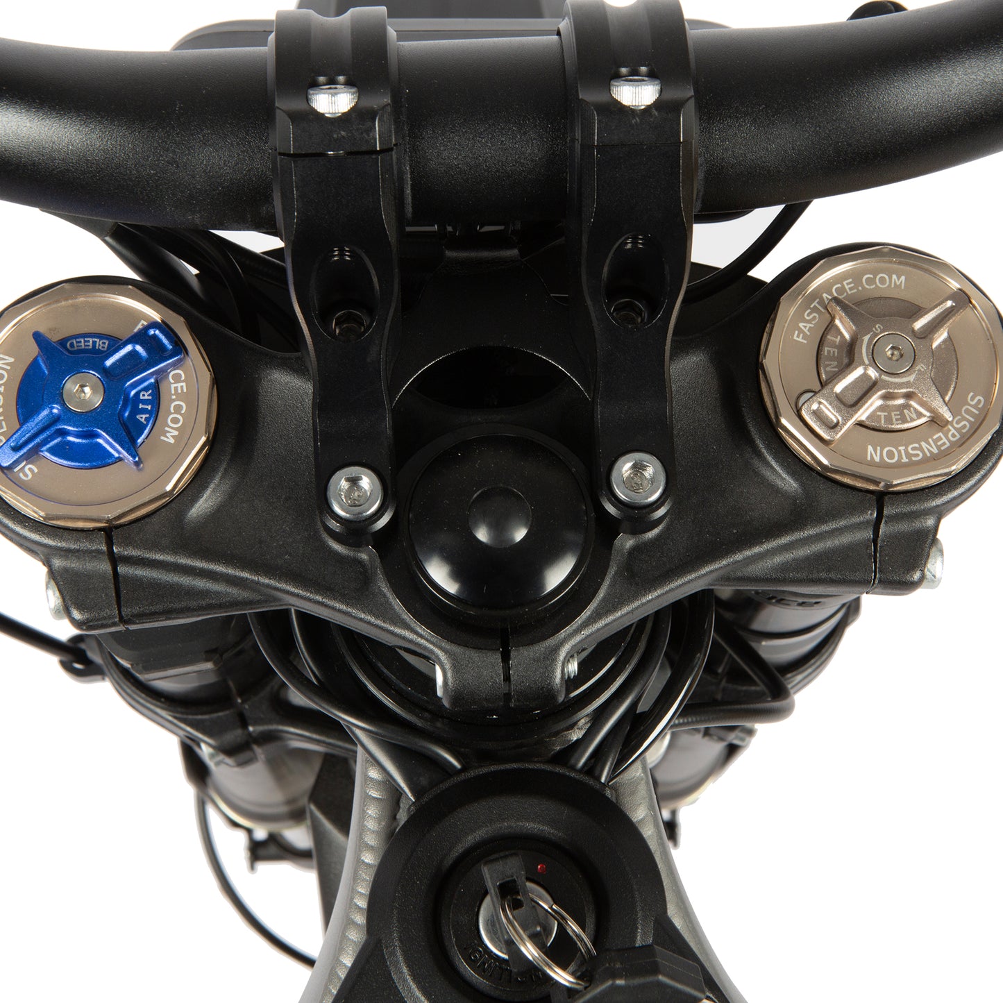 Close-up of a motorcycle handlebar with control buttons on a white background