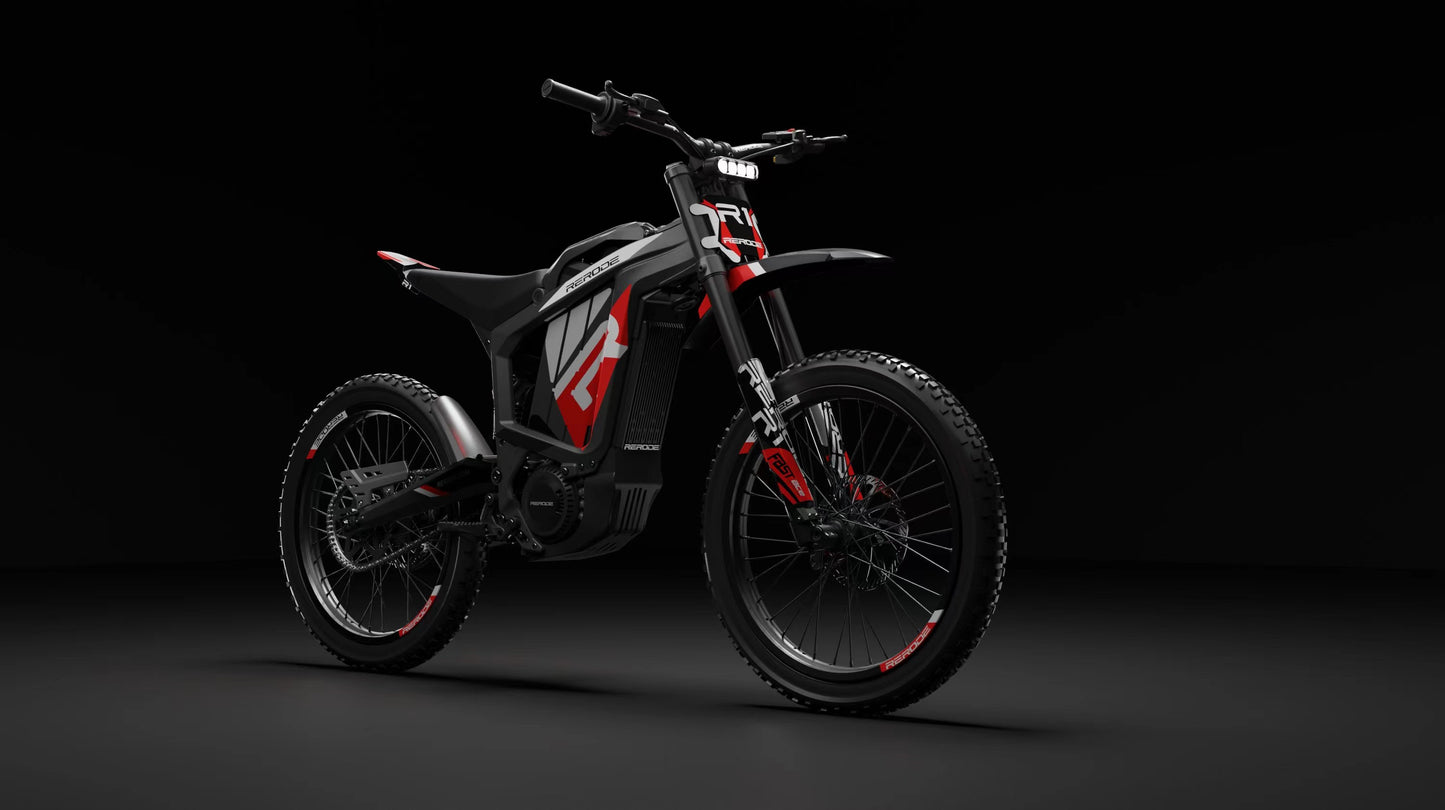 Electric bike with a black and red design on a dark background