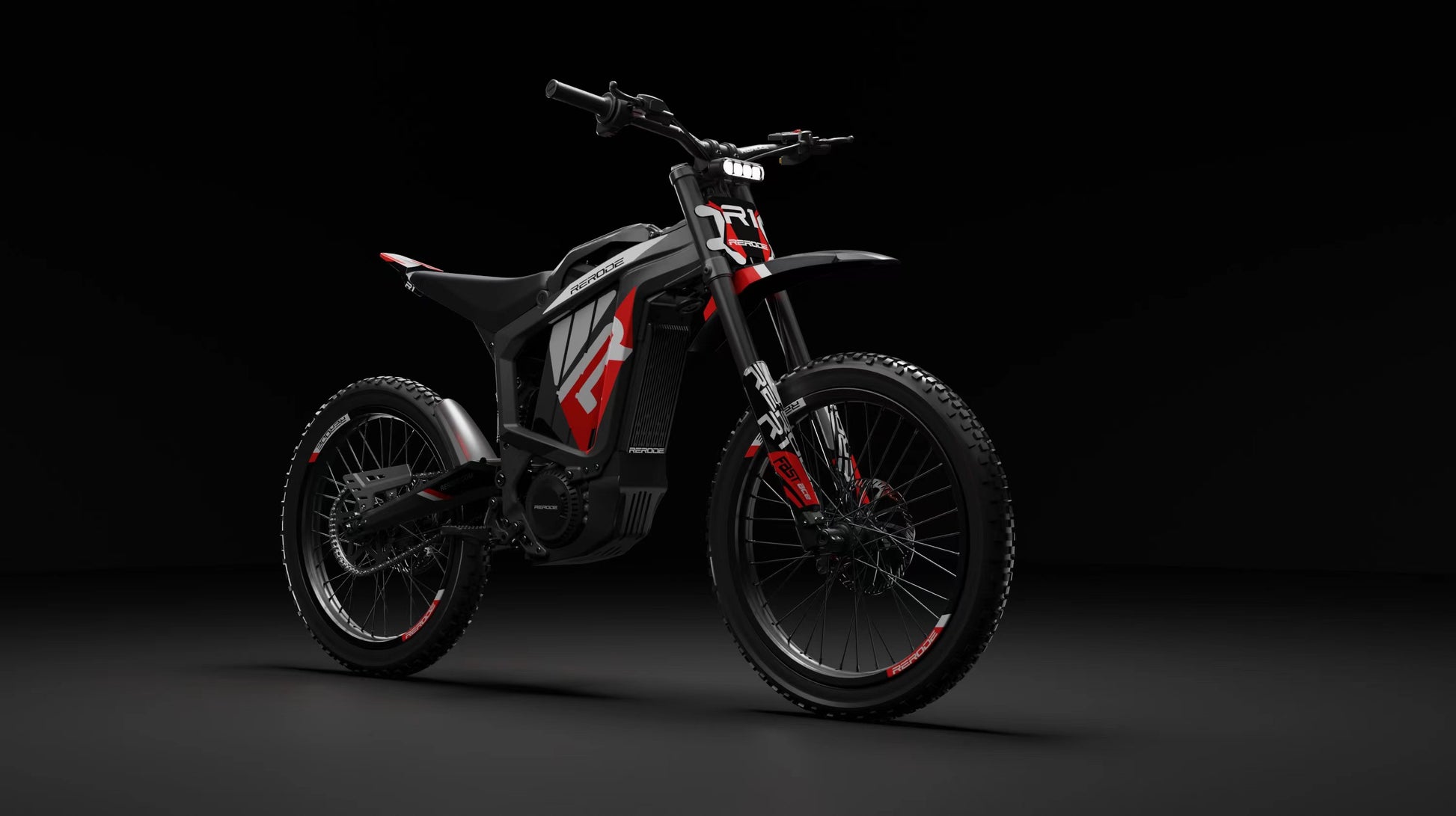 Electric bike with a black and red design on a dark background