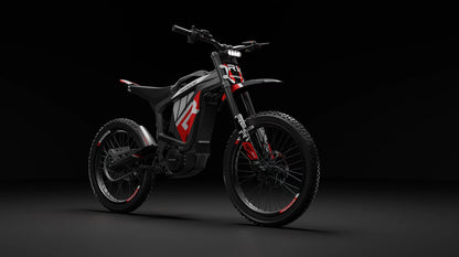 Electric bike with a black and red design on a dark background
