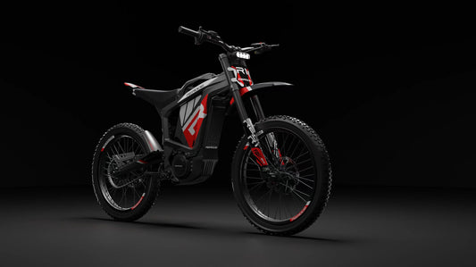 Electric bike with a black and red design on a dark background
