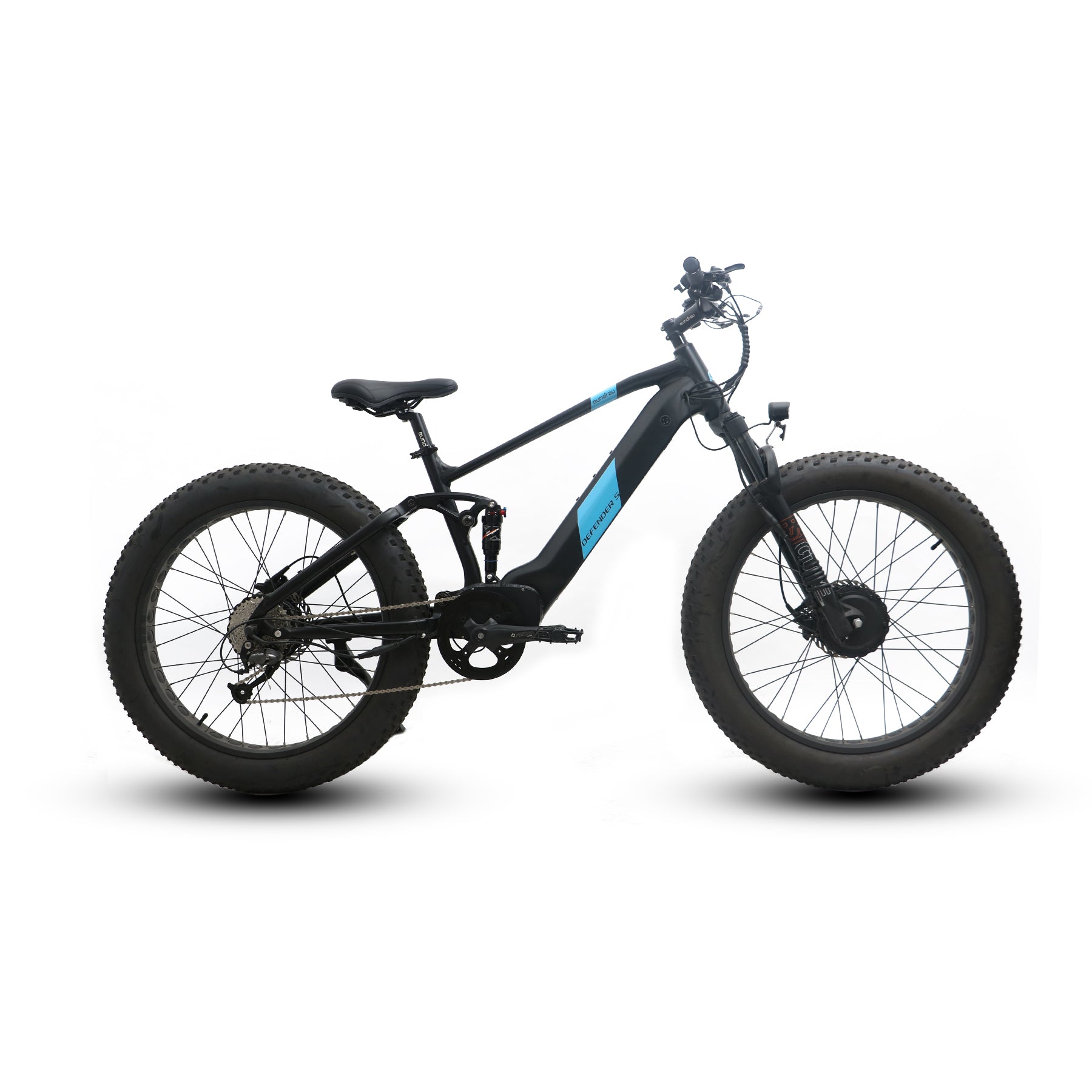 Black electric bike with blue accents on a white background