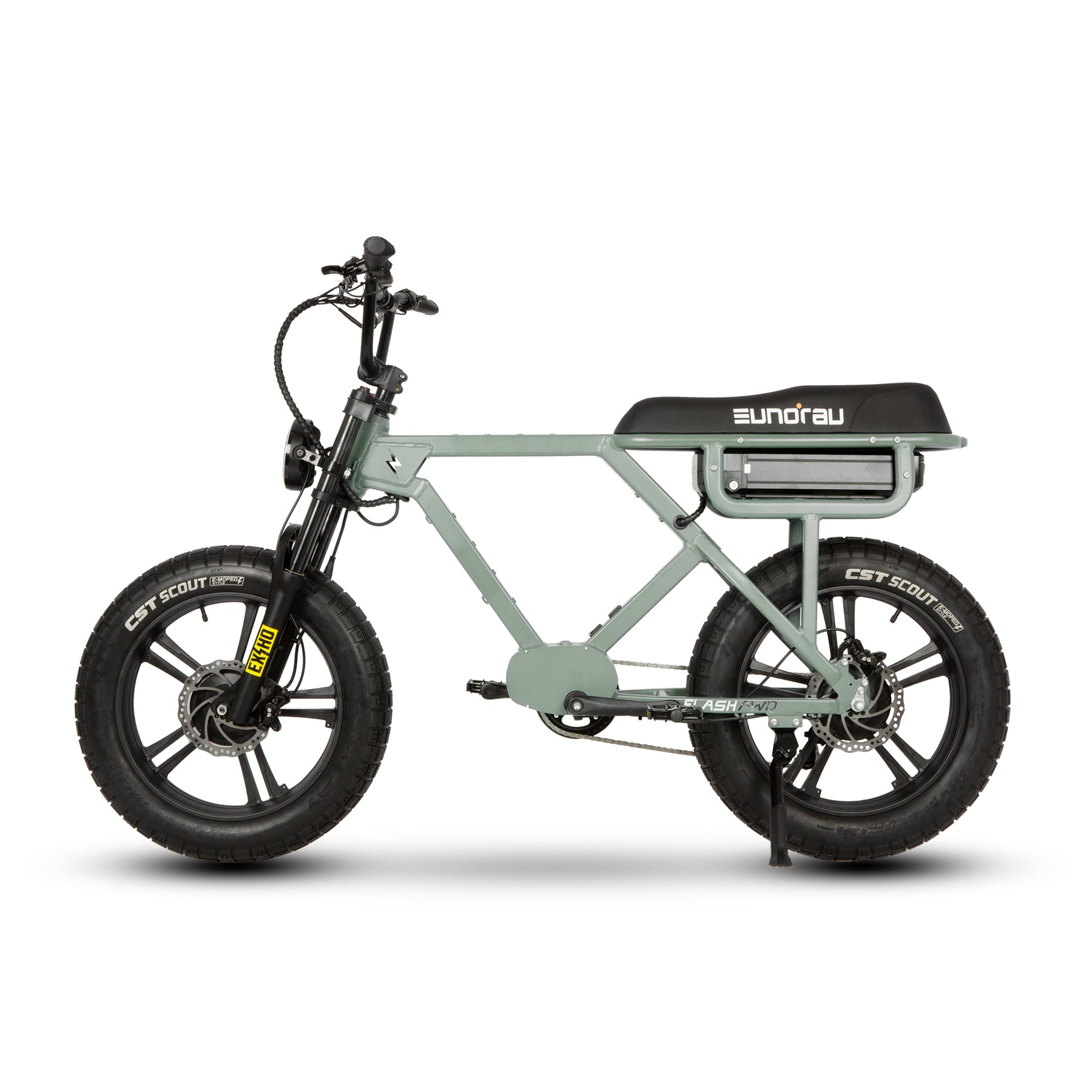 Electric bike with 'Eunorau' branding on a white background