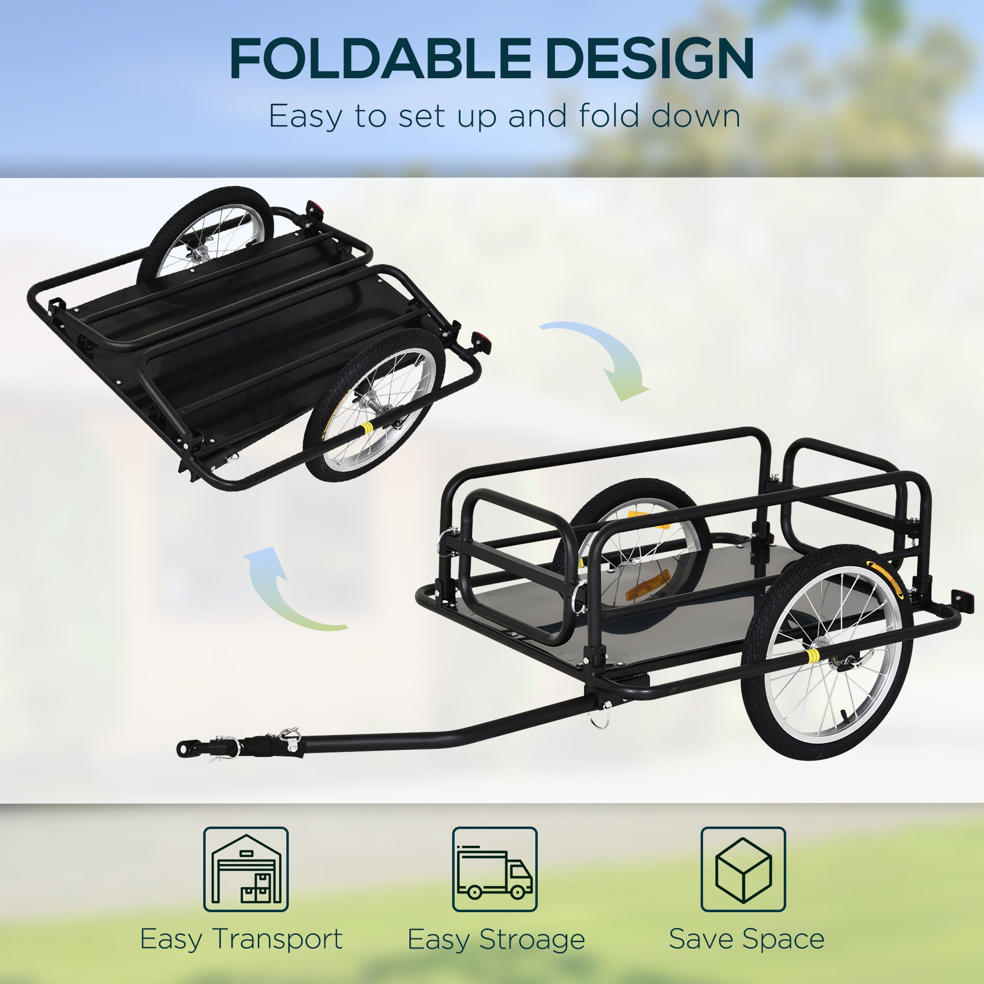 Foldable bike trailer with wheels on a blurred outdoor background