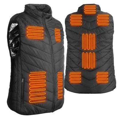 Black heated vest with orange heating elements on a white background