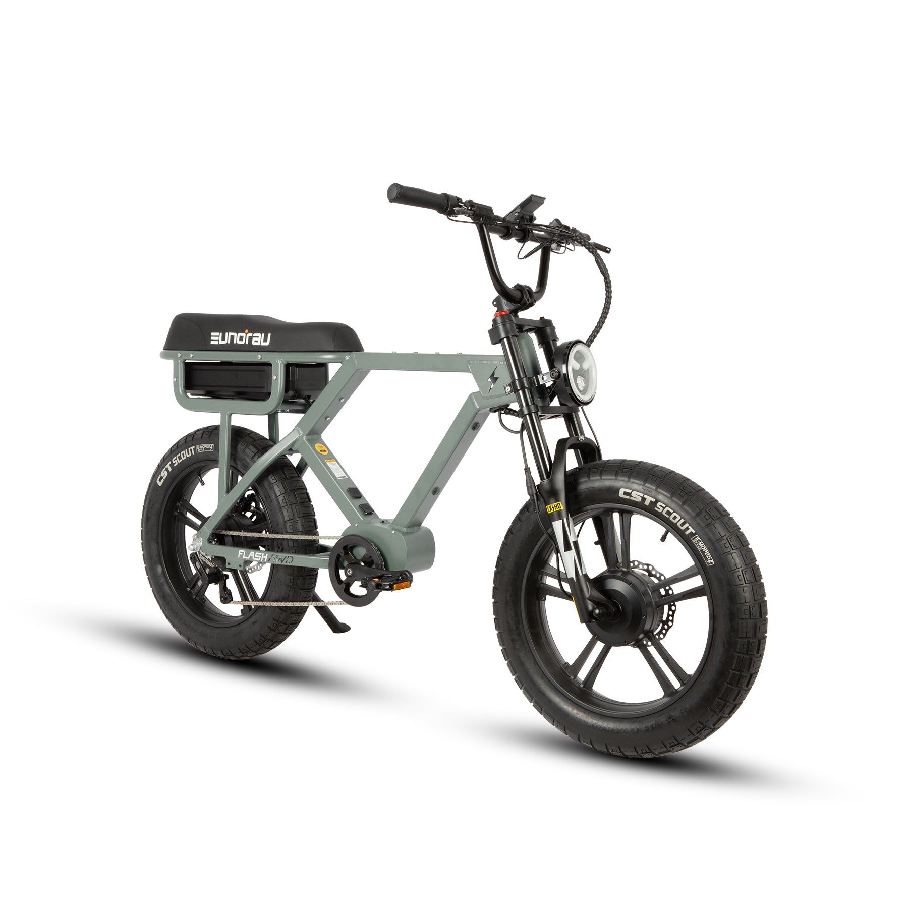 Green electric bike with 'Eunorau' branding on a white background