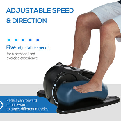 Person using a pedal exerciser with text highlighting adjustable speed and direction features.