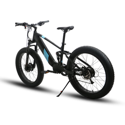 Black electric bike with a blue accent on a white background