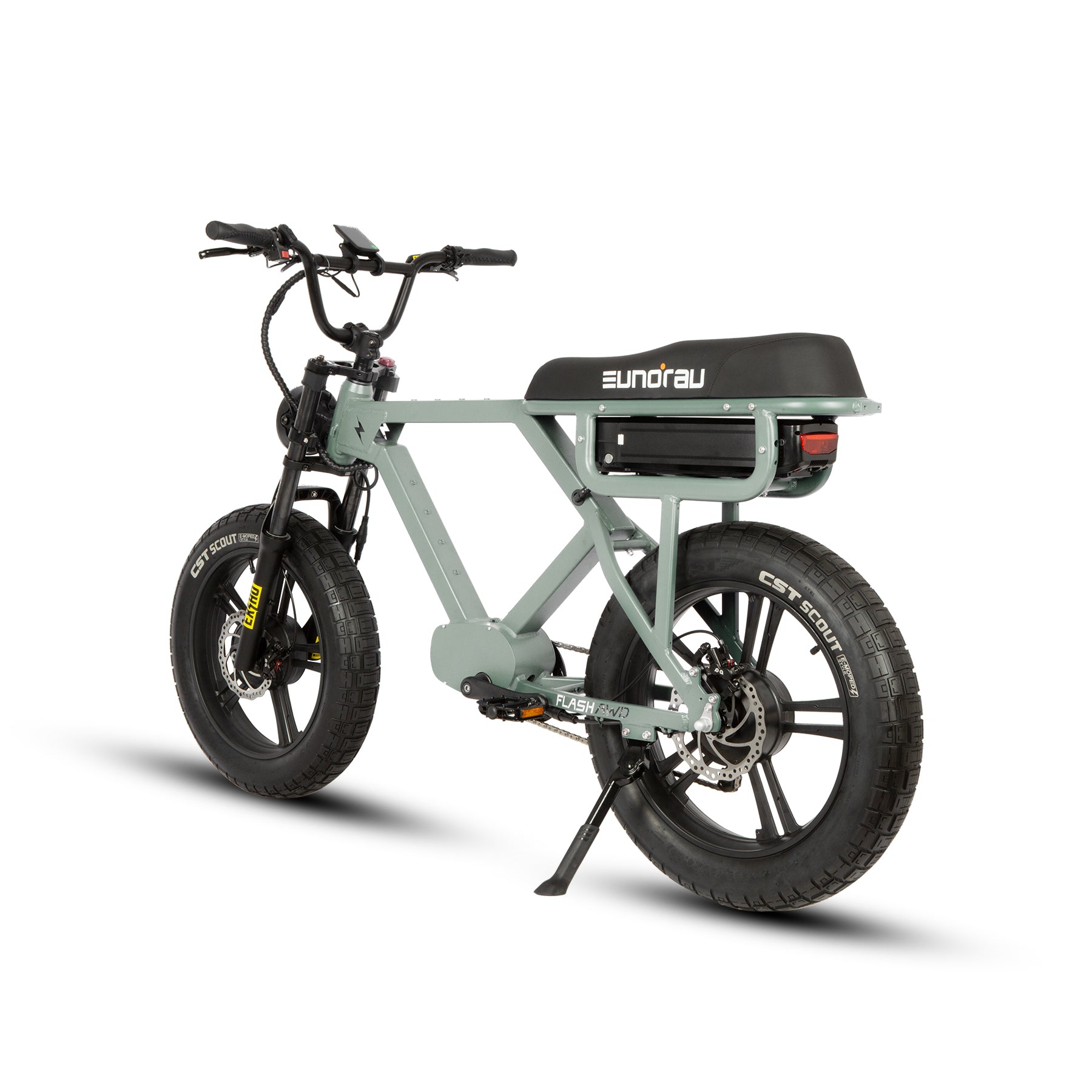 E-bike green from back on a white background