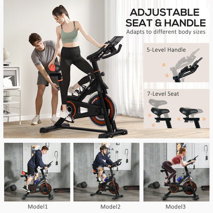 People using a stationary bike with adjustable seat and handle features, shown in various settings.