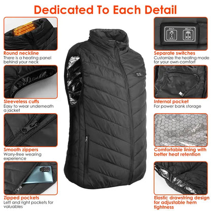 Black heated vest with features highlighted on a white background