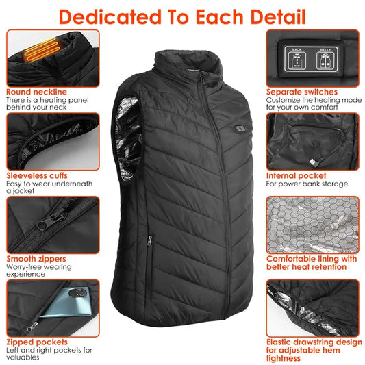 Black heated vest with features highlighted on a white background