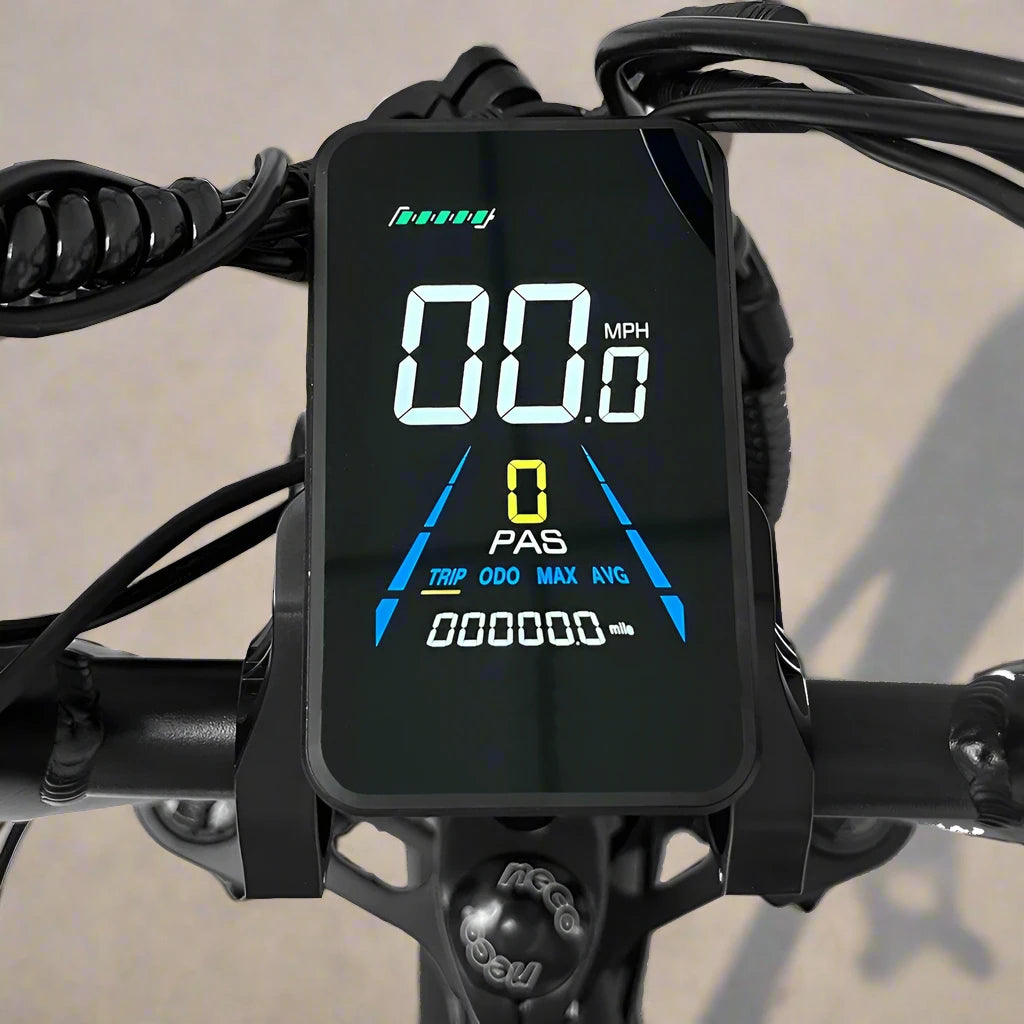 Handlebars of the 7Go EB4 EB2 electric bike with display screen, throttle, and brake levers.