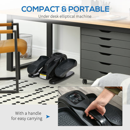 Compact and portable under-desk elliptical machine with handle for easy carrying, shown in a home office setting.